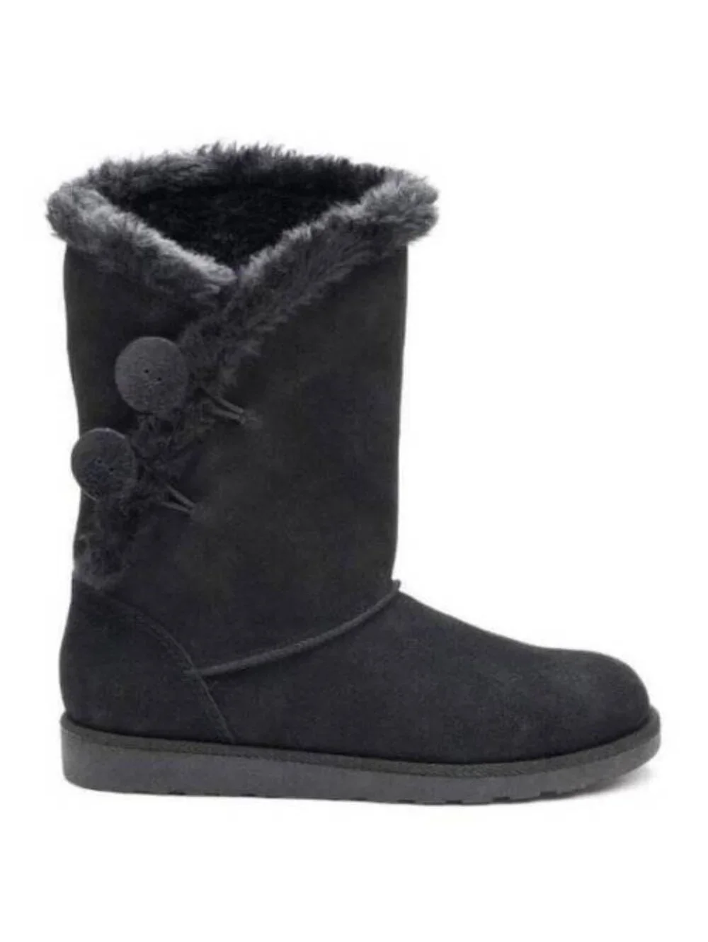 SO Winter Boots 7 Womens Black Mid Calf Pull On Plush Suede Button Fx Fur Trim